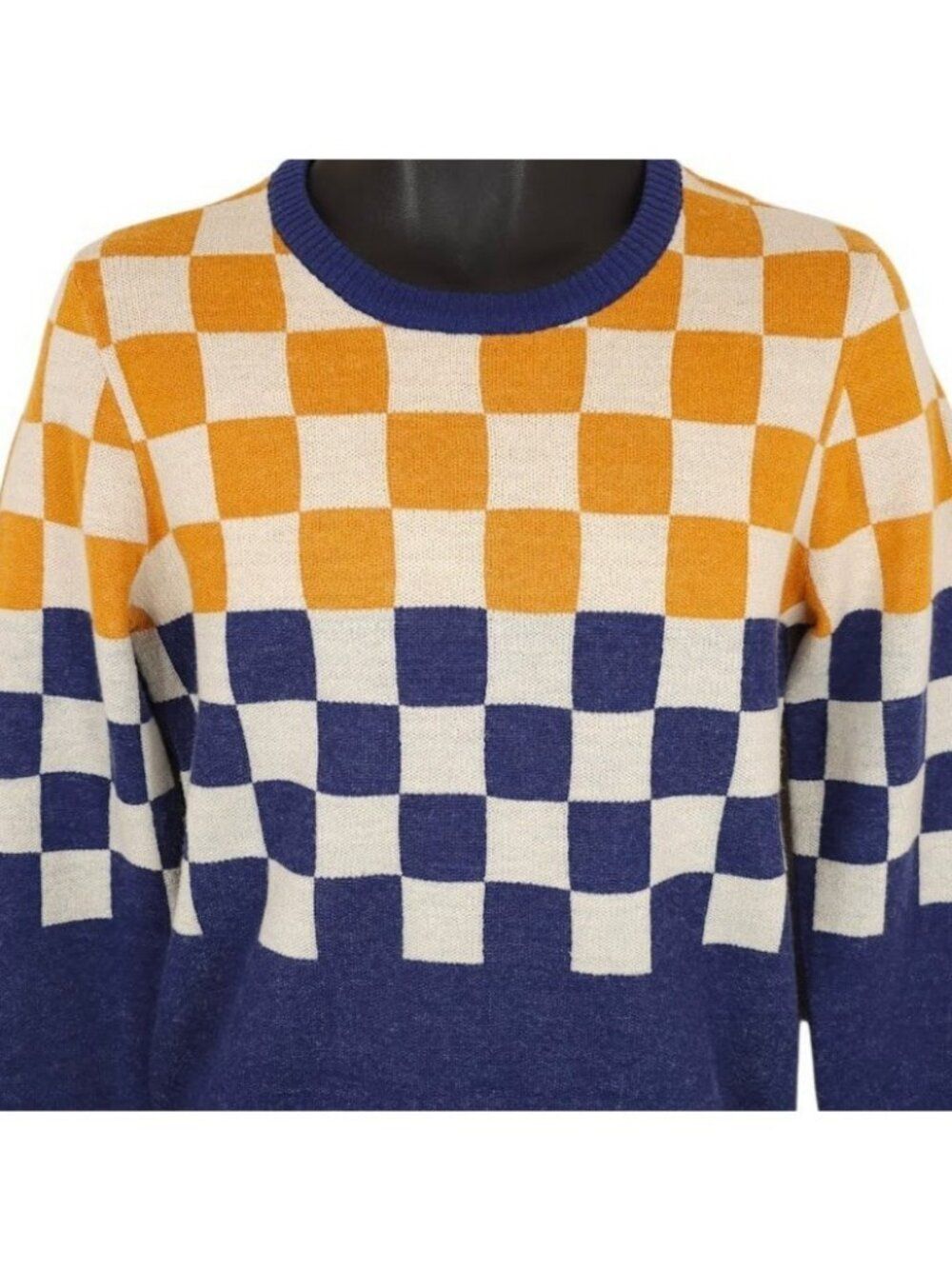 Yellow Blue Checked Sweater Womens Size Small Wool Blend Old Navy